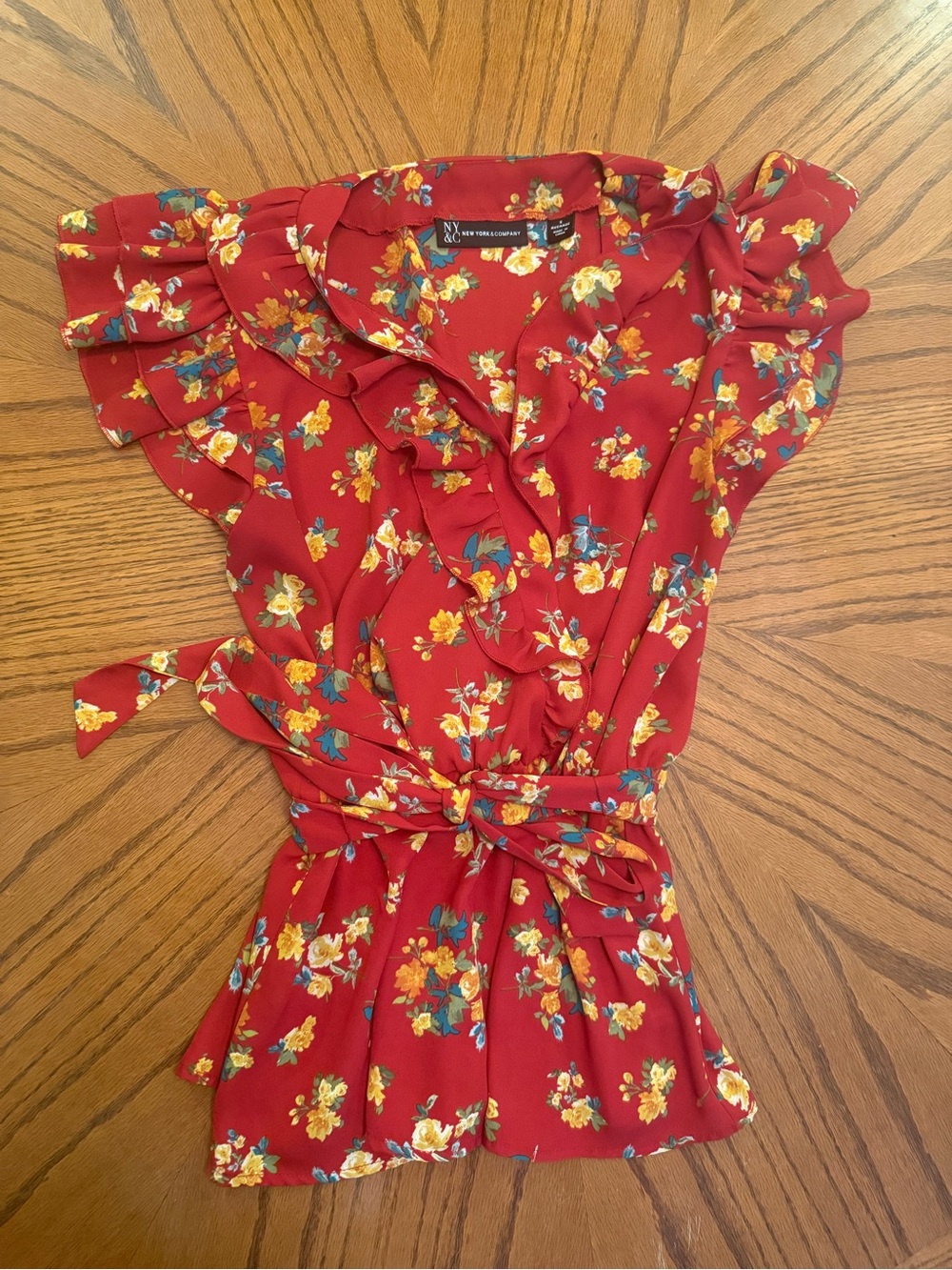 New York & Company Red Floral Wrap Top